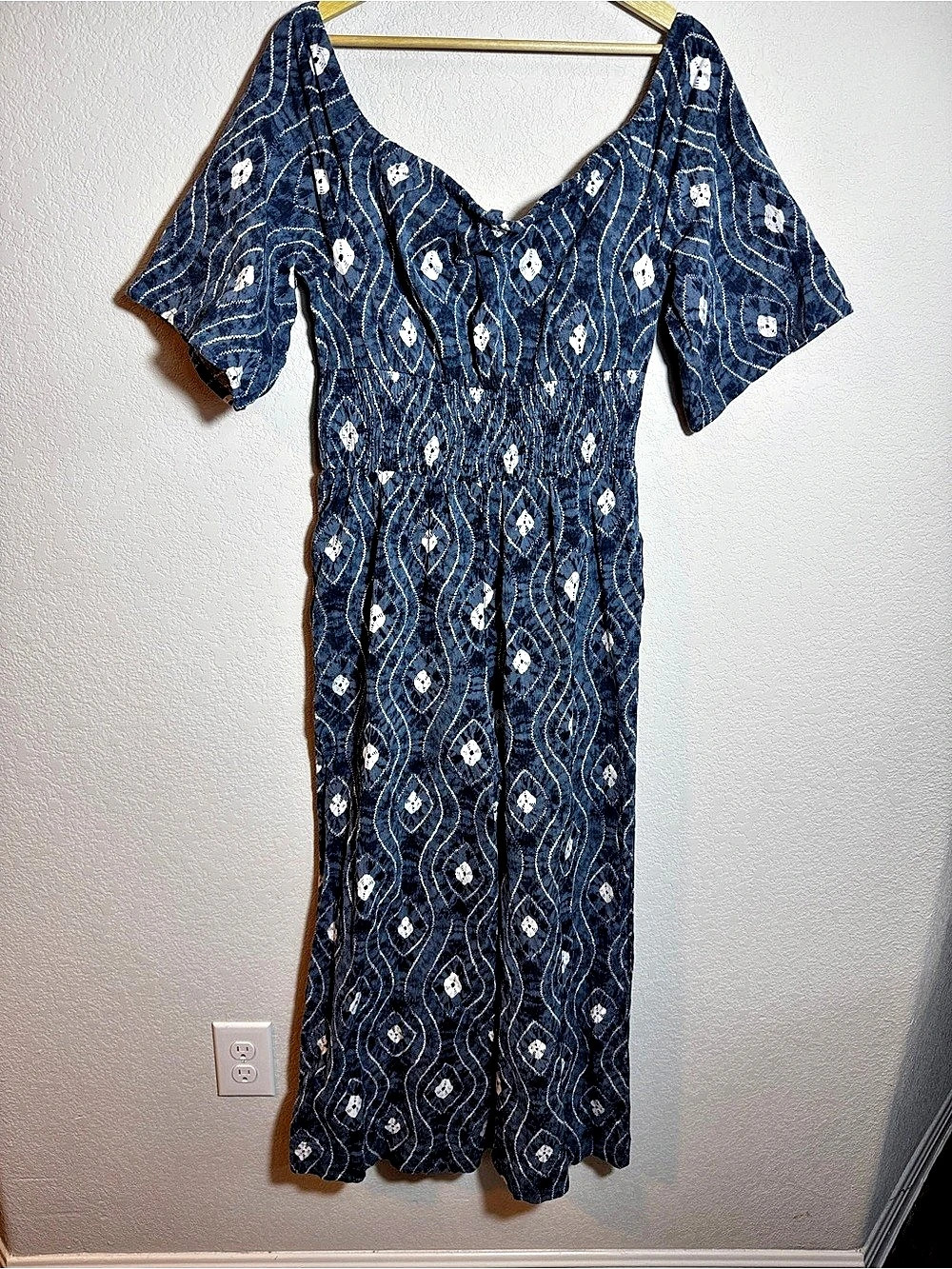 Earthbound Trading Co jumpsuit Blue & White Geometric Size Medium boho festival